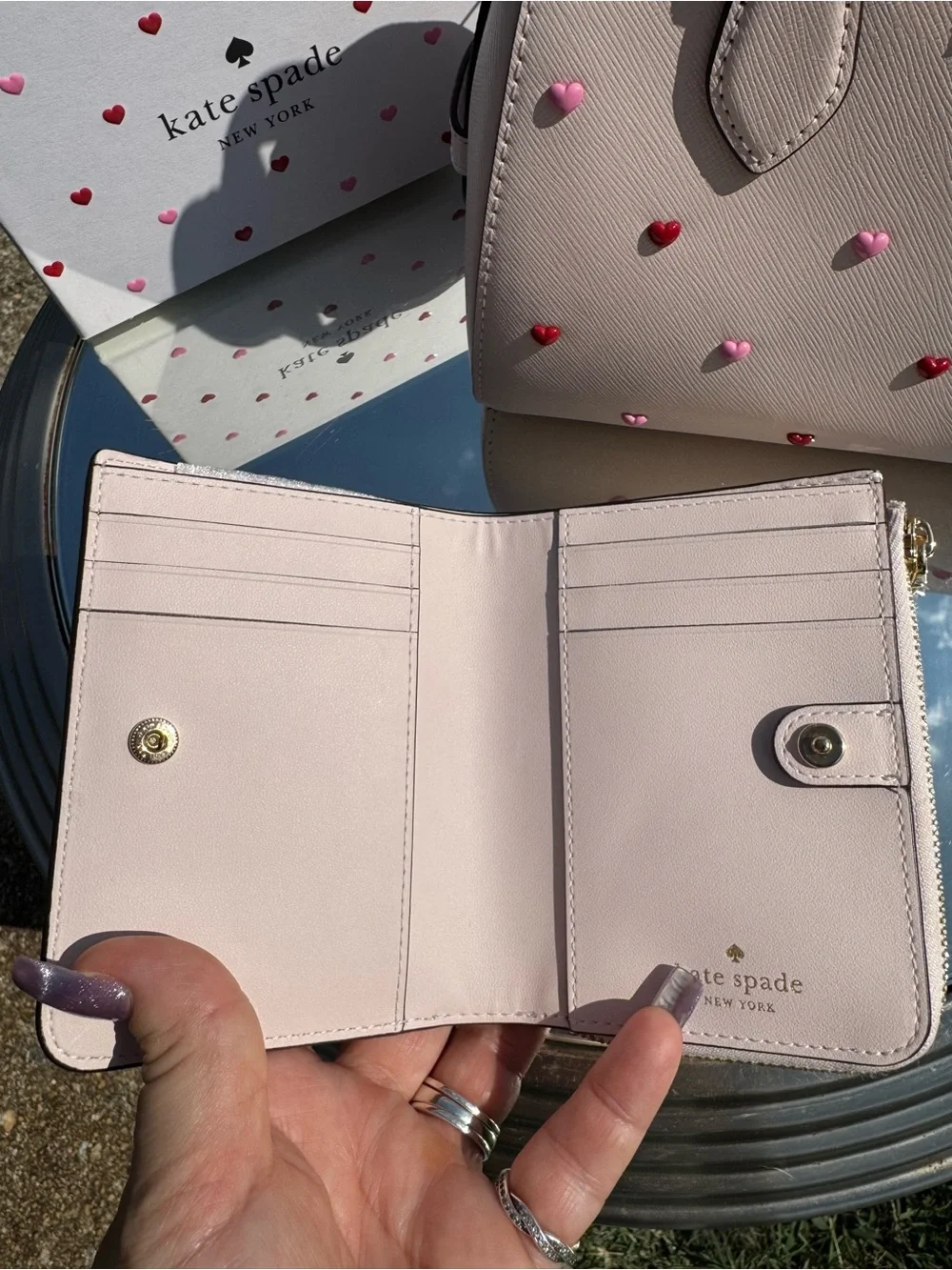 kate spade Madison pale pink satchel & wallet with red and light pink hearts